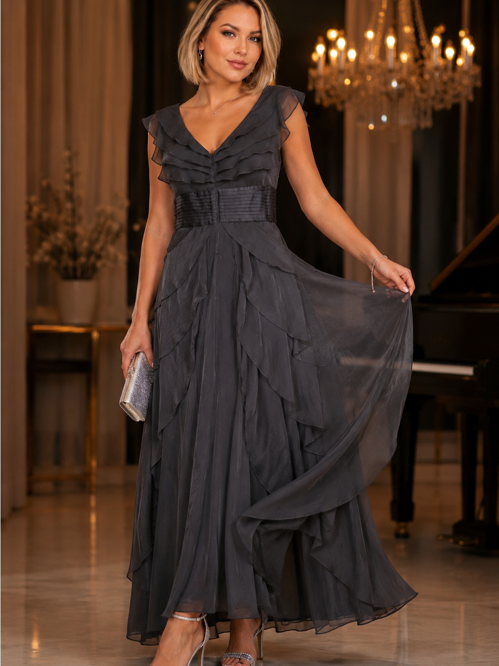 Adrianna Papell Charcoal Ruffle Chiffon Maxi Dress